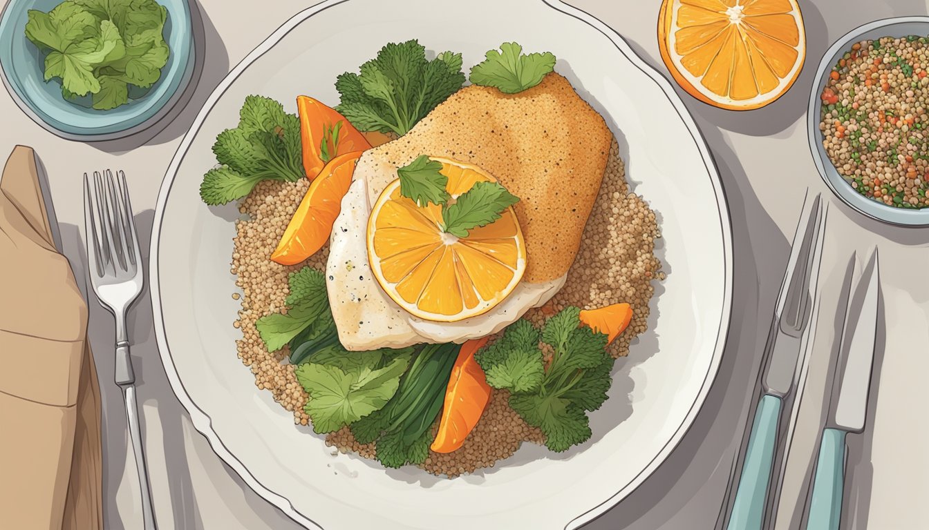 A plate with a carefully portioned serving of orange roughy, accompanied by a balanced mix of colorful vegetables and a side of quinoa