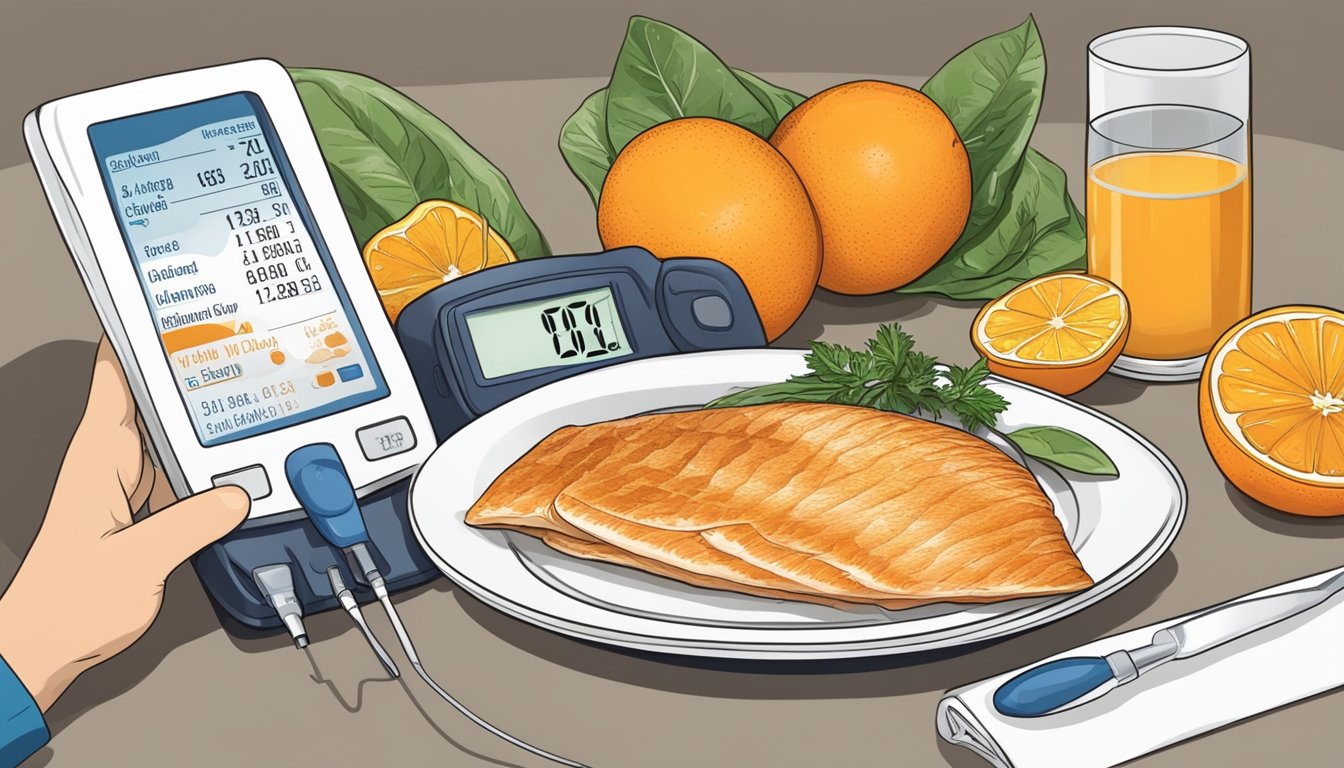 A diabetic carefully examines a plate of orange roughy, surrounded by nutritional information and a blood glucose monitor