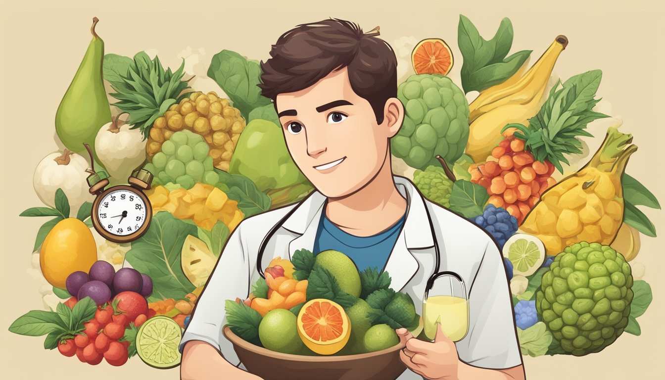 A diabetic person holding a noni fruit with a question mark above their head, surrounded by various food items and a medical symbol