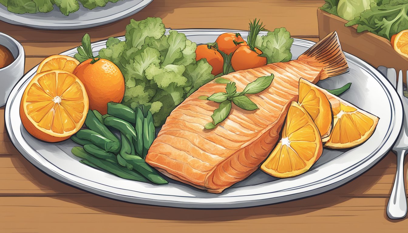 An illustration of a plate of orange roughy with a variety of colorful vegetables and a caption indicating "Expert Recommendations and Conclusion: Can Diabetics Eat Orange Roughy?"