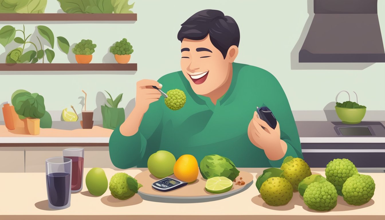 A person with diabetes happily eating noni fruit, surrounded by healthy food and a blood sugar monitor