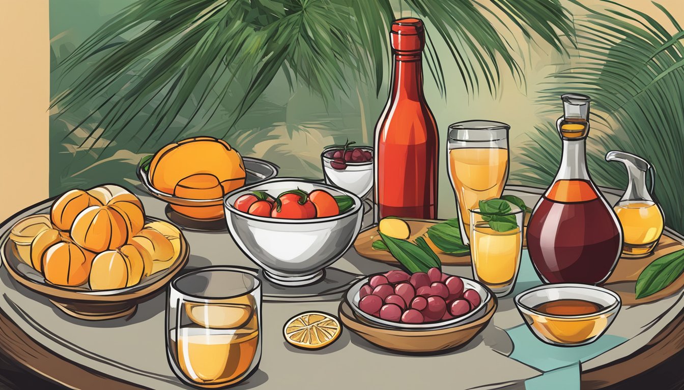 A table set with various foods and drinks, including palm wine, with a red circle and line crossing out the palm wine