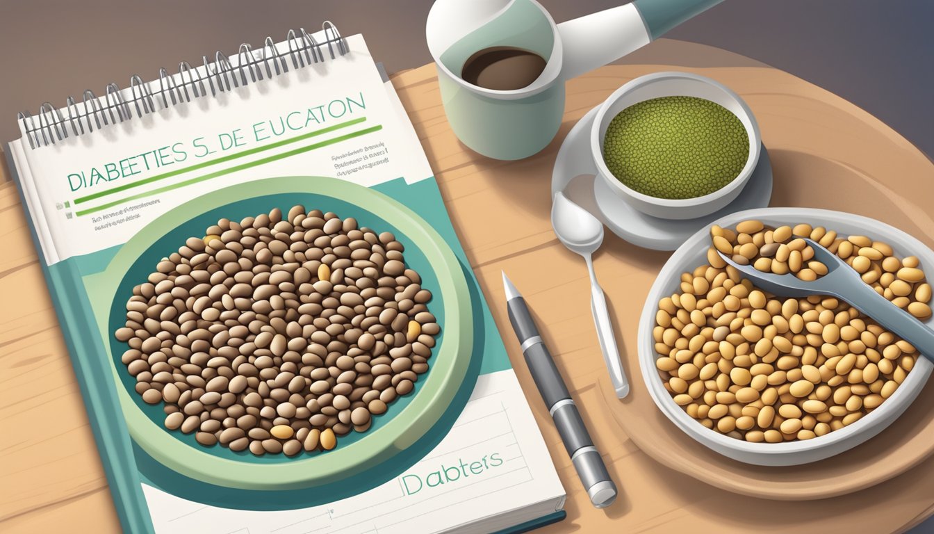 A plate of ooraminna beans next to a diabetes education book and a dietary chart