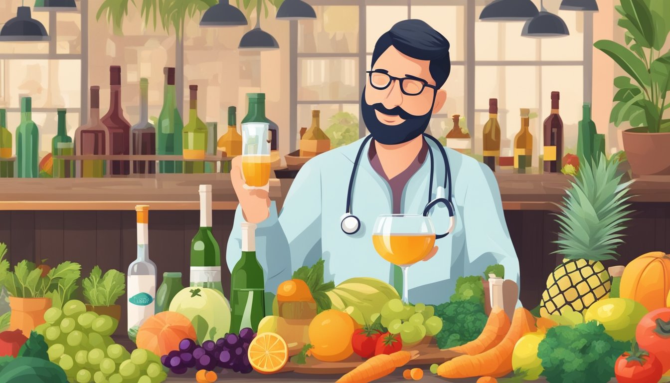 A diabetic person enjoying a glass of palm wine in moderation, surrounded by various fruits and vegetables, with a doctor's recommendation on wine and alcohol intake in the background