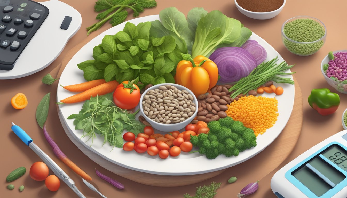 A plate of ooraminna beans surrounded by a variety of colorful vegetables and herbs, with a glucometer showing a normal blood sugar level in the background