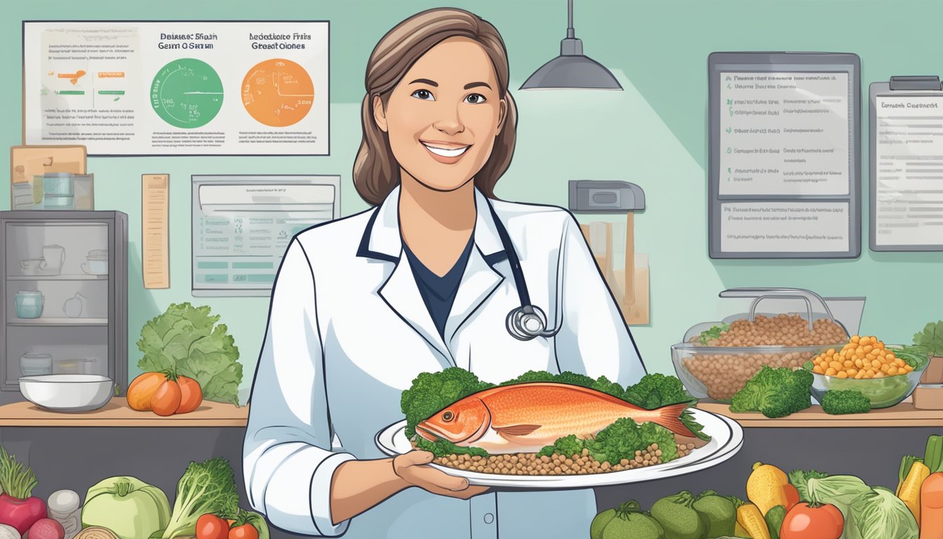 A dietician holding a plate of opah fish, vegetables, and whole grains, with a diabetes education poster in the background