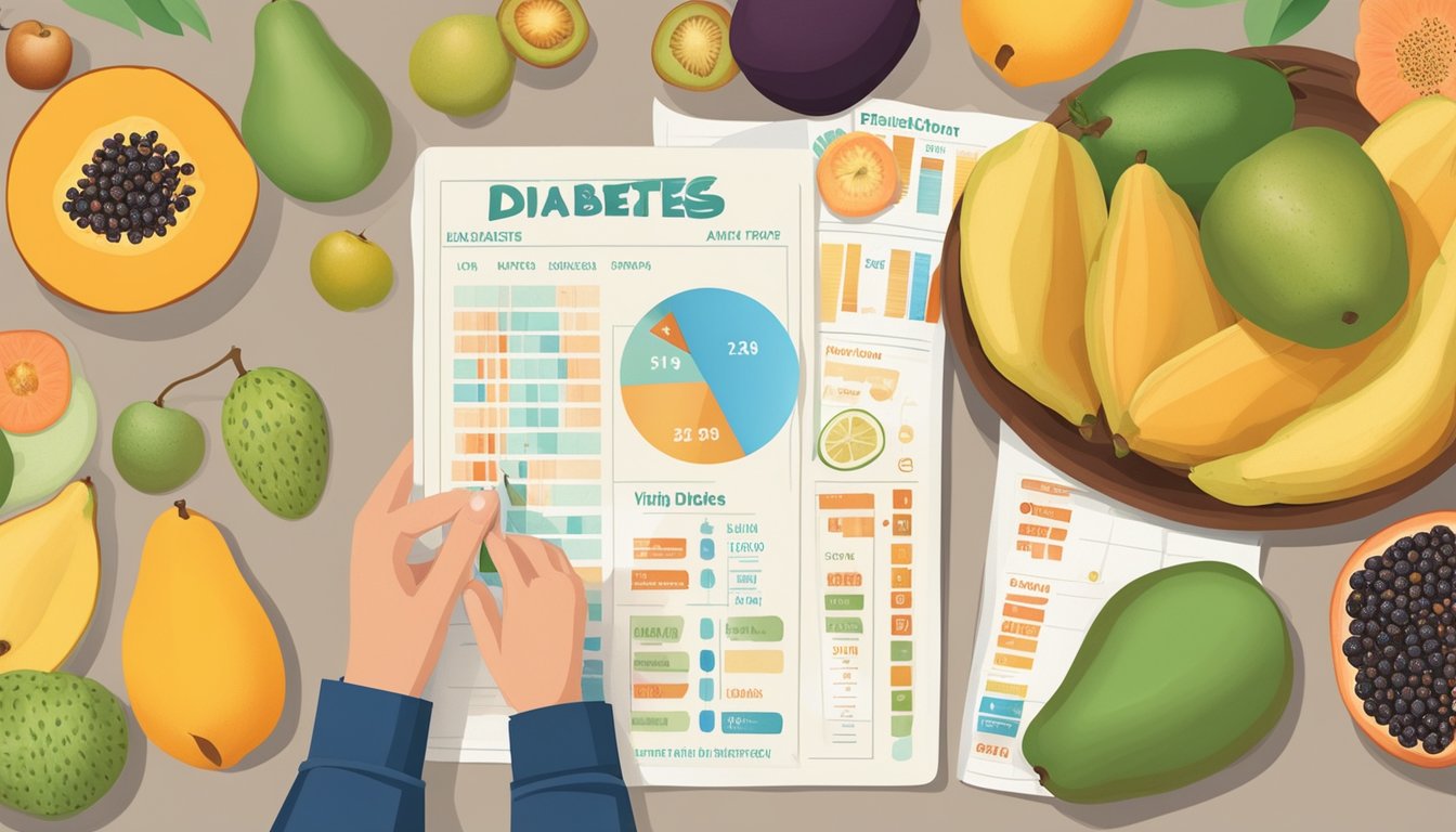 A person with diabetes holding a ripe pawpaw, surrounded by various fruits and a nutrition chart