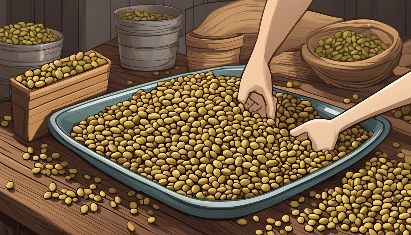 A pile of ooraminna beans being washed and sorted on a wooden cutting board