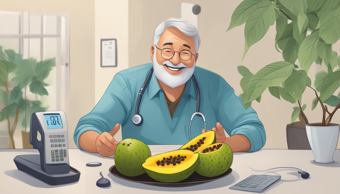 A diabetic person happily eating a ripe pawpaw, with a doctor nodding in approval in the background