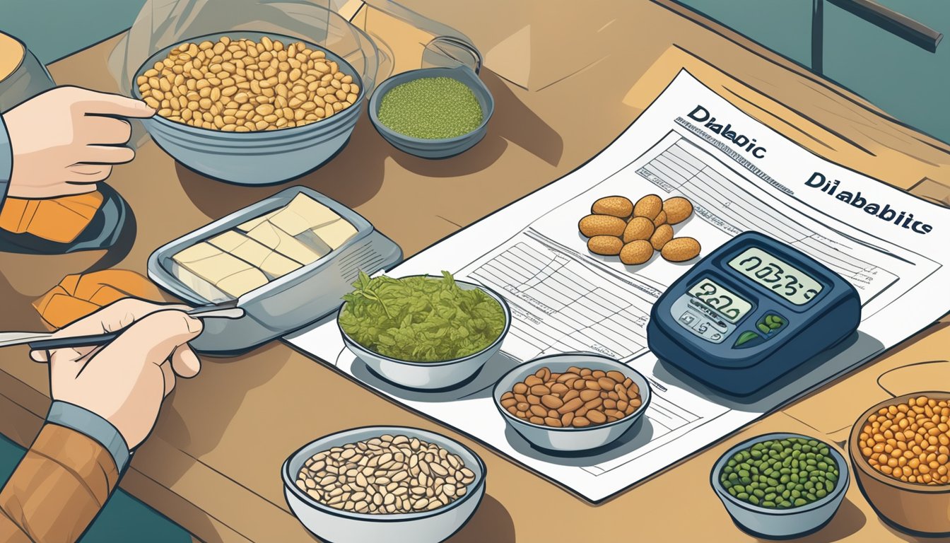 A diabetic person preparing a meal with a variety of foods, including ooraminna beans, while consulting a nutrition label and a list of dietary guidelines