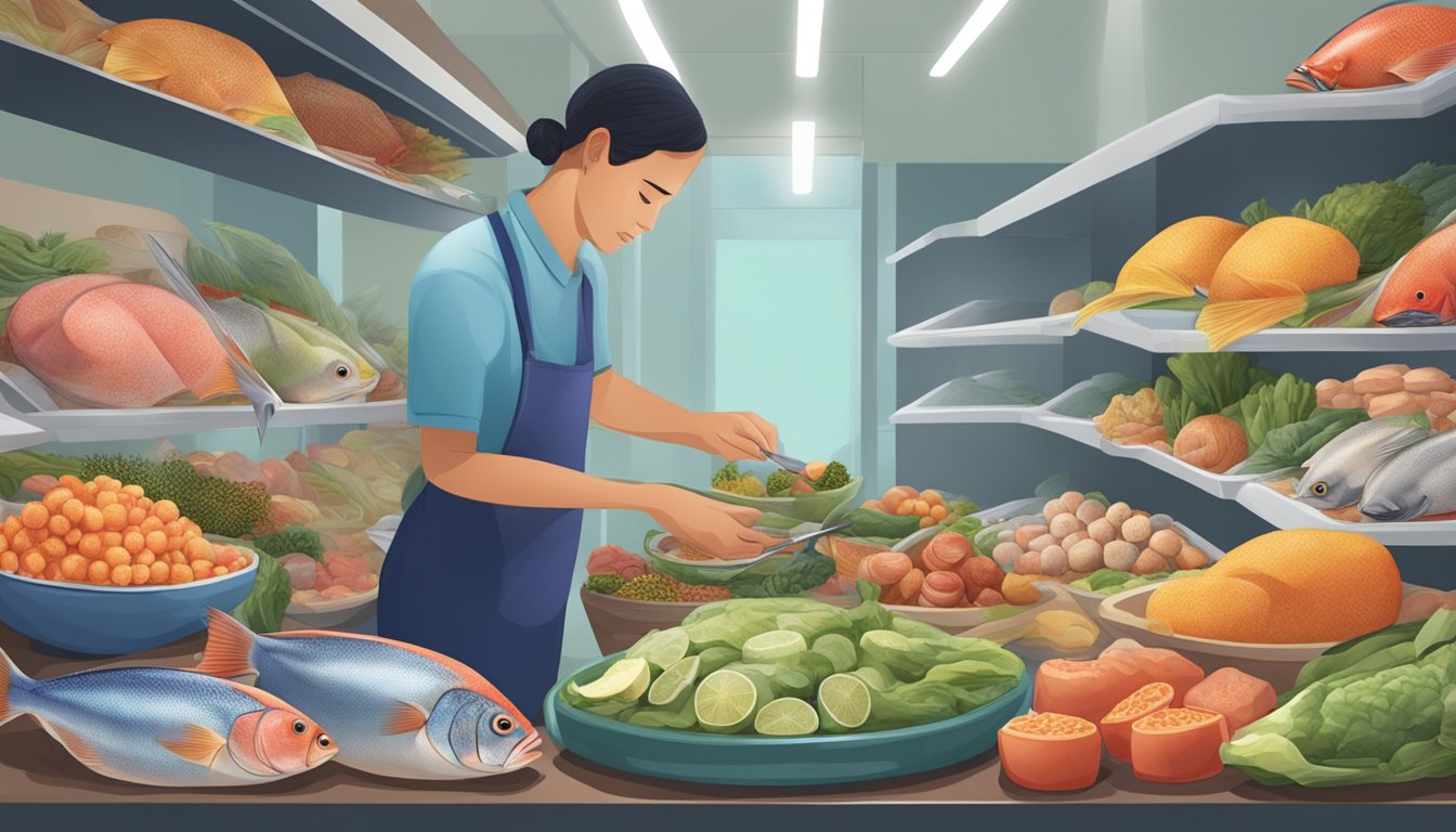 A diabetic person carefully selecting food items from a variety of options, with a focus on opah fish