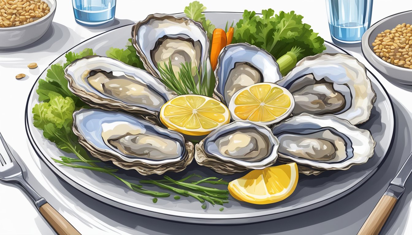 A plate of fresh oysters, accompanied by a variety of colorful vegetables and whole grains, with a clear glass of water on the side