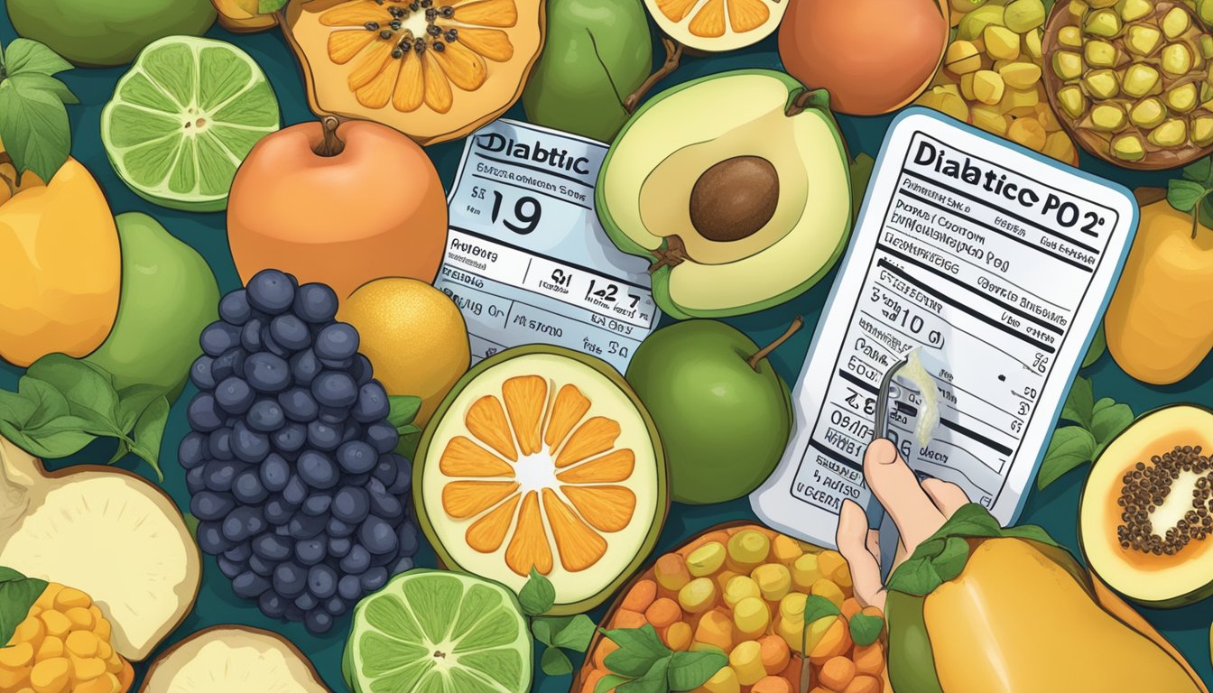 A diabetic person considering eating pawpaw, surrounded by various fruits and a nutrition label