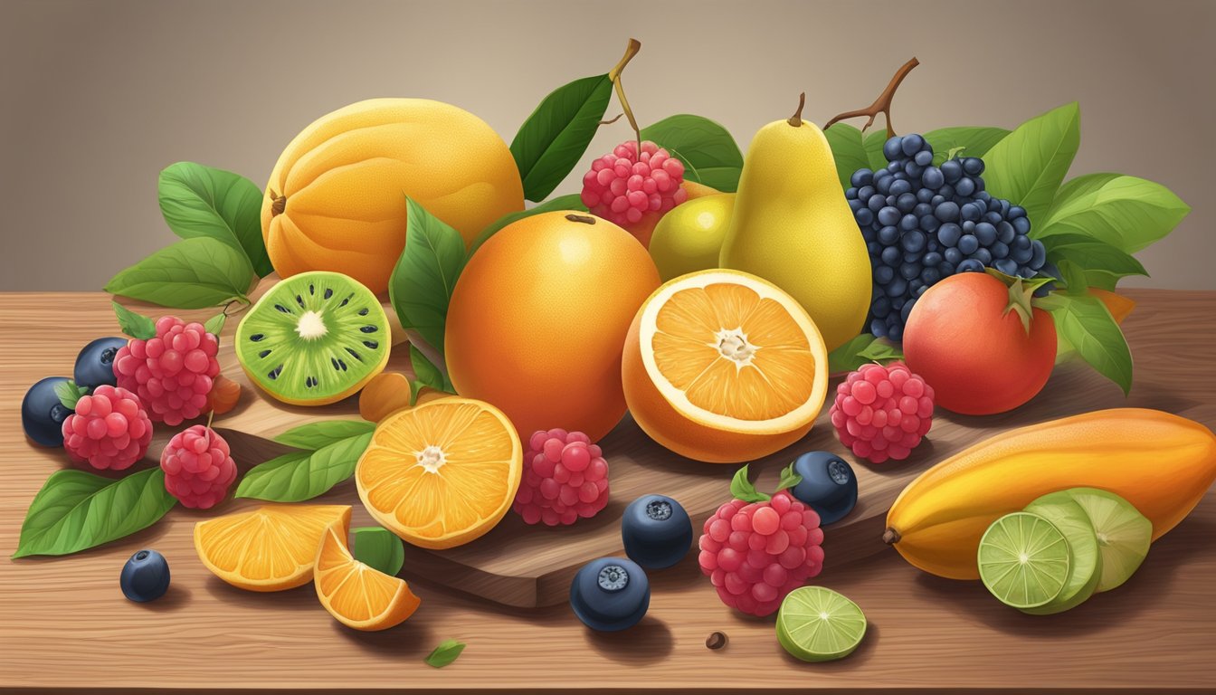 A colorful assortment of fruits including pawpaw, berries, and citrus, arranged on a wooden cutting board