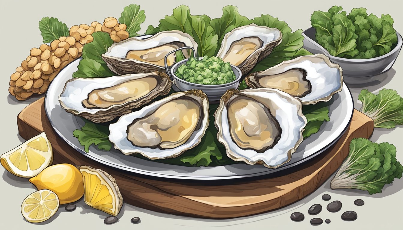 A plate of fresh oysters with a variety of nutrient-rich foods surrounding it, such as leafy greens, whole grains, and lean proteins