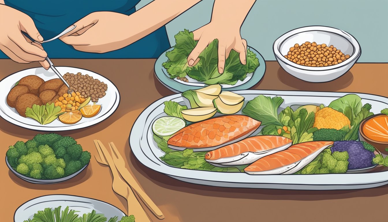 A dietician carefully arranging a variety of diabetic-friendly foods on a plate, including opah fish, vegetables, and whole grains