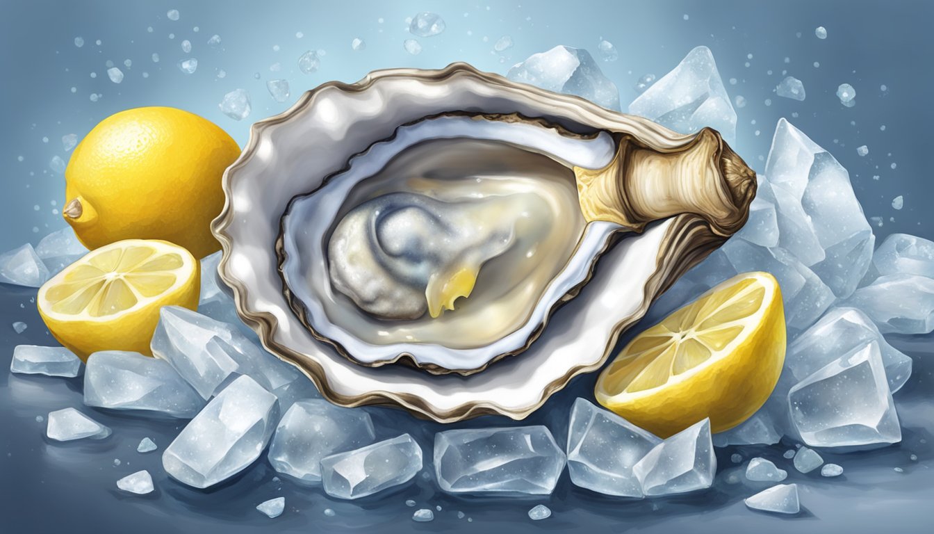 An open oyster shell with a plump oyster inside, surrounded by a bed of ice and lemon wedges