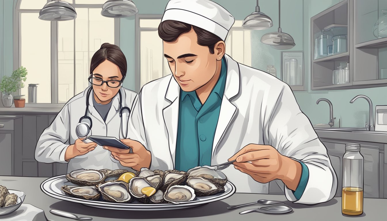 A diabetic cautiously examines a plate of oysters, while a doctor advises on the potential risks and considerations