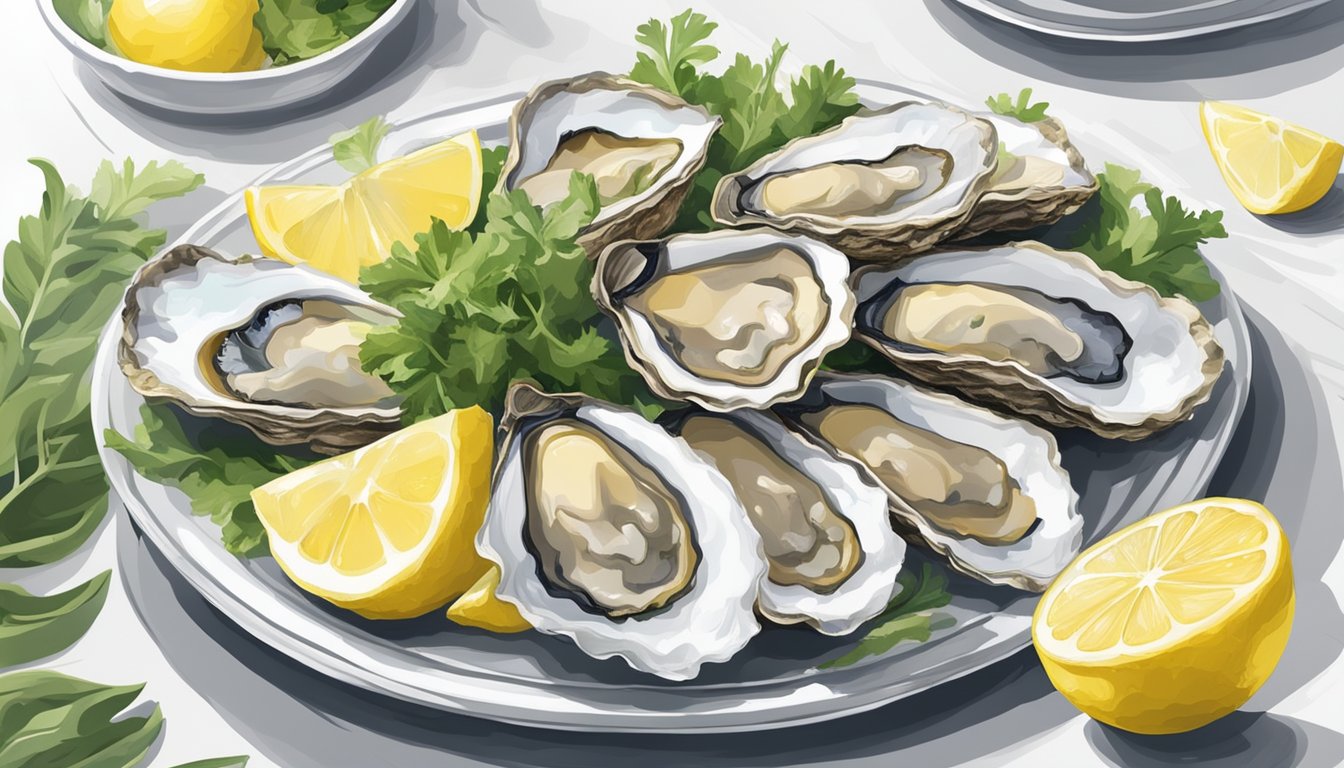 A plate of oysters arranged with fresh lemon slices and a side of greens on a clean, white table setting