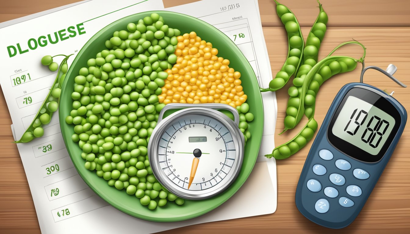 A colorful plate of fresh peas, a blood glucose monitor, and a nutritional chart