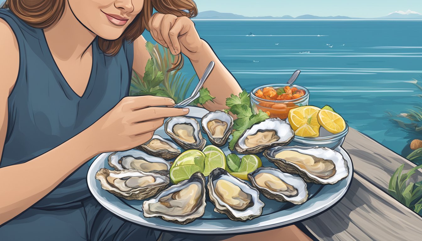 A diabetic person enjoying a plate of fresh oysters with a variety of toppings, surrounded by a serene ocean backdrop