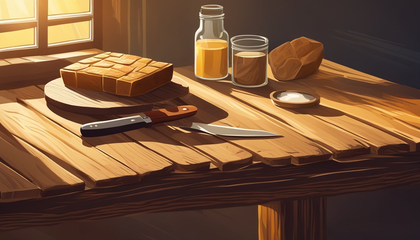 A rustic wooden table with a block of panela and a knife. Sunlight streams in through a nearby window, casting warm shadows