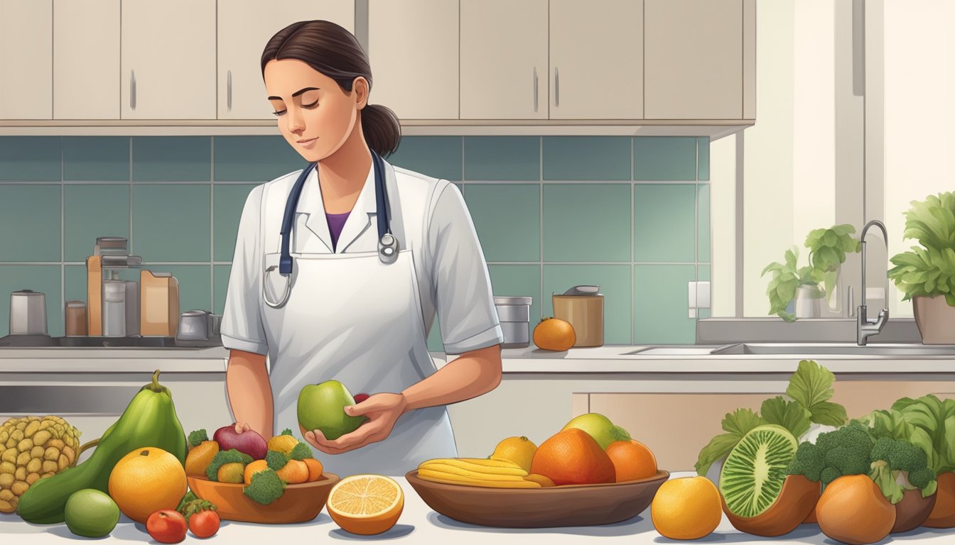 A diabetic person standing in a kitchen, examining a block of panela next to a variety of fruits and vegetables