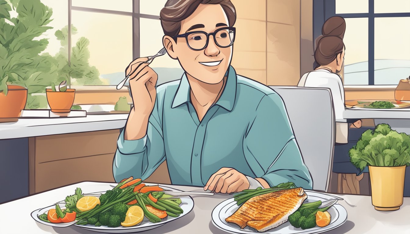 A person with diabetes enjoying a plate of grilled perch with a side of steamed vegetables, following general guidelines for seafood consumption