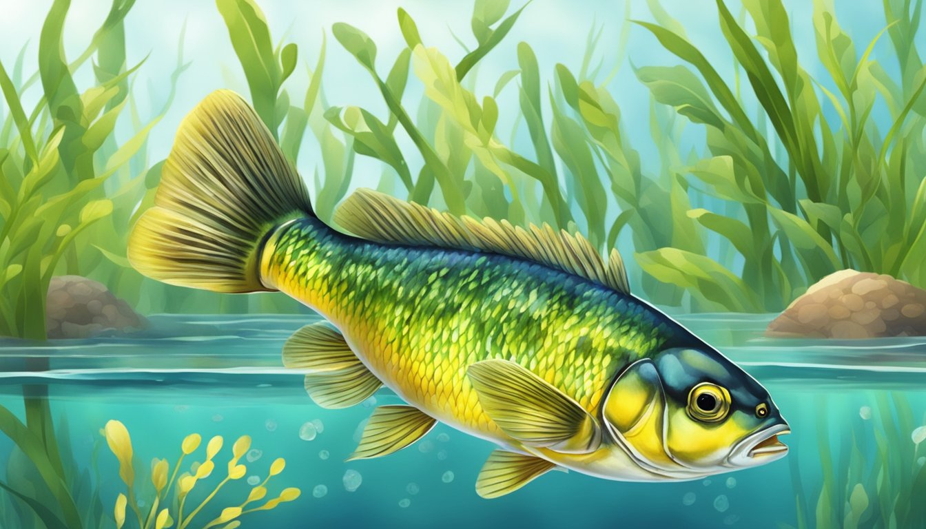 A colorful perch swimming among algae and small fish in a freshwater lake