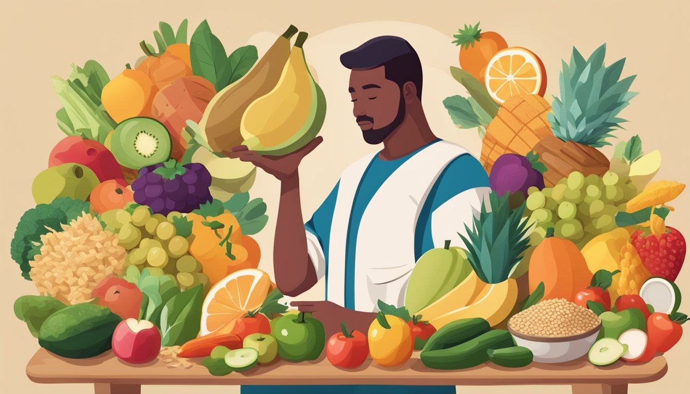 A diabetic person holding a piece of panela while surrounded by various fruits, vegetables, and whole grains