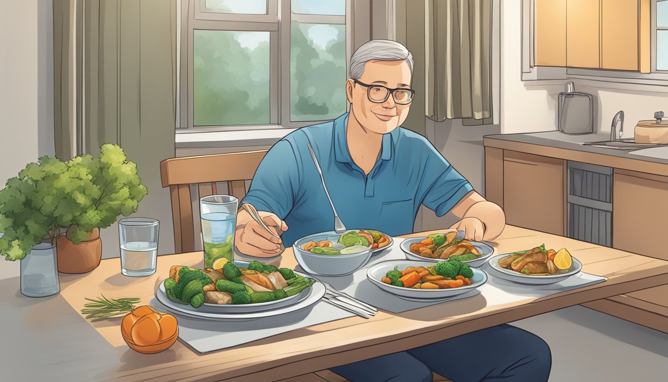 A diabetic person sitting at a table, enjoying a meal of cooked perch with a side of steamed vegetables and a glass of water