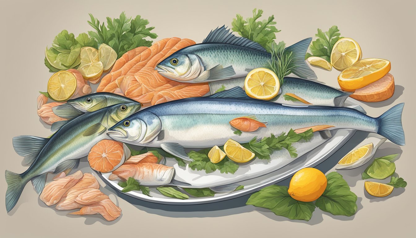 A table with various fish varieties arranged for comparison, including perch, with a focus on their nutritional content and suitability for diabetics