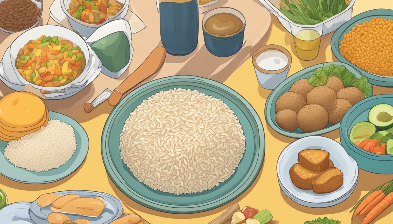 A plate of parboiled rice surrounded by various food items, with a diabetic person looking at it with a questioning expression