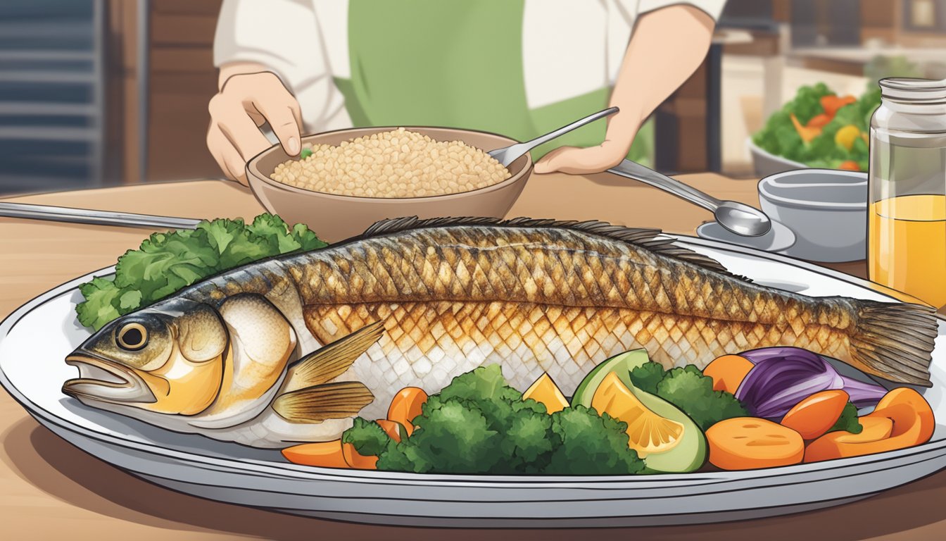 A diabetic person enjoying a plate of grilled perch with a colorful array of vegetables and a side of whole grain rice