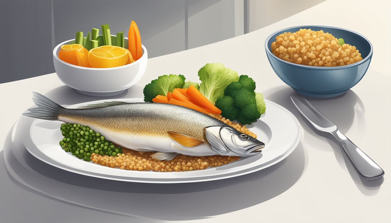 A plate of cooked perch with a side of steamed vegetables and a small portion of quinoa, all neatly arranged on a white ceramic plate