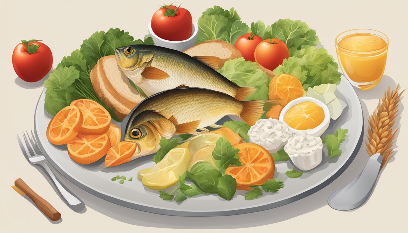 A plate with a variety of foods to avoid for diabetics, including perch, surrounded by a red "X" symbol