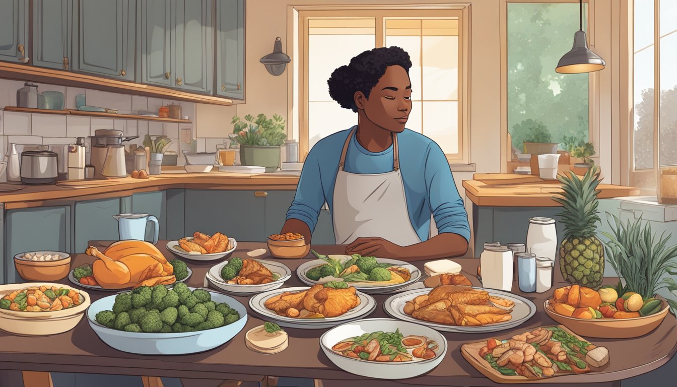 A person with diabetes sitting at a dining table, surrounded by various food options including a cooked perch, with a thoughtful expression on their face