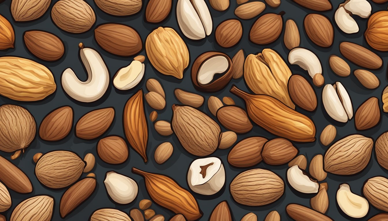 A variety of nuts arranged on a wooden table, with peanuts being compared to other types such as almonds, walnuts, and cashews