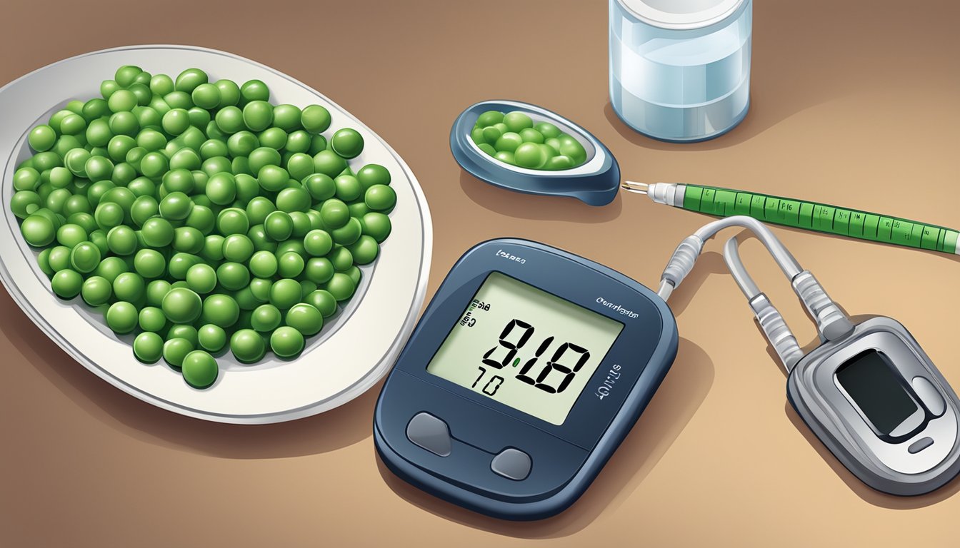 A plate of peas next to a blood glucose monitor and insulin pen