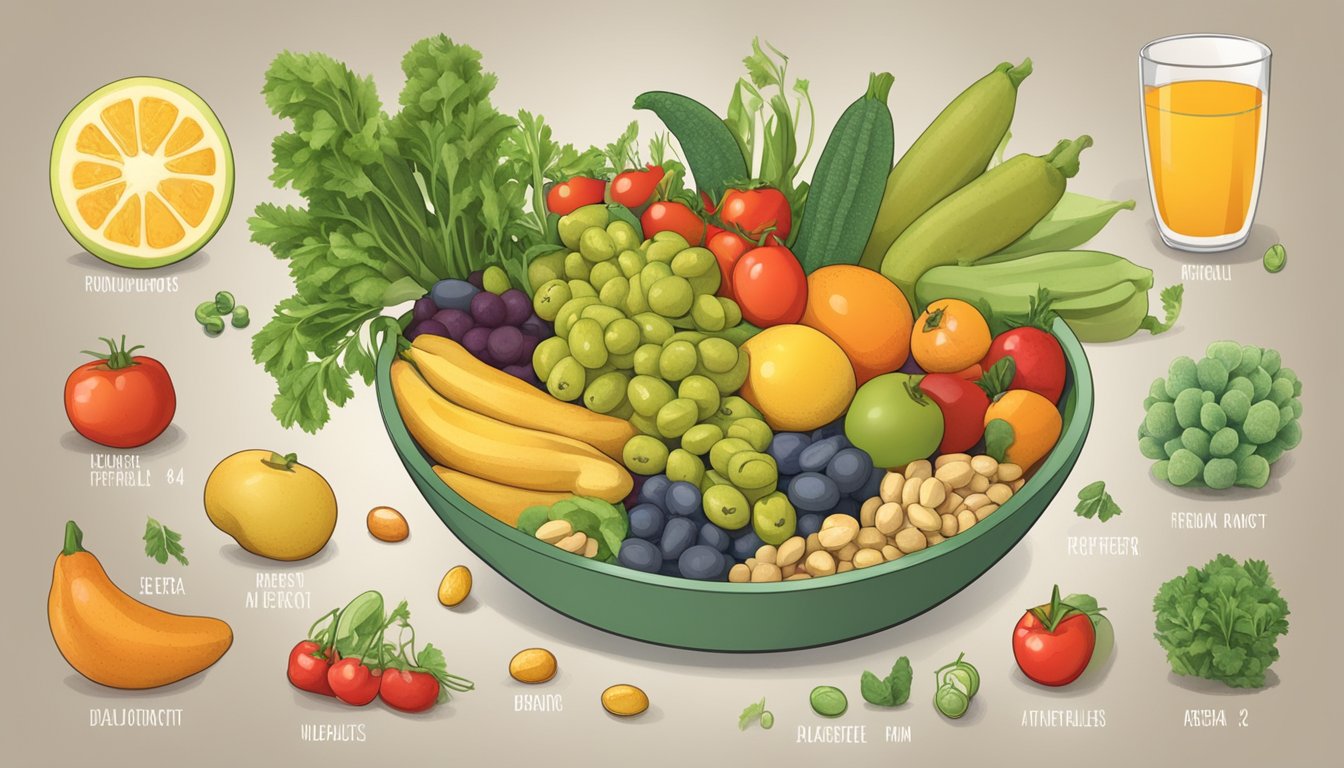 A bowl of pigeon peas surrounded by various fruits and vegetables, with a nutrition label and a diabetic-friendly symbol displayed prominently