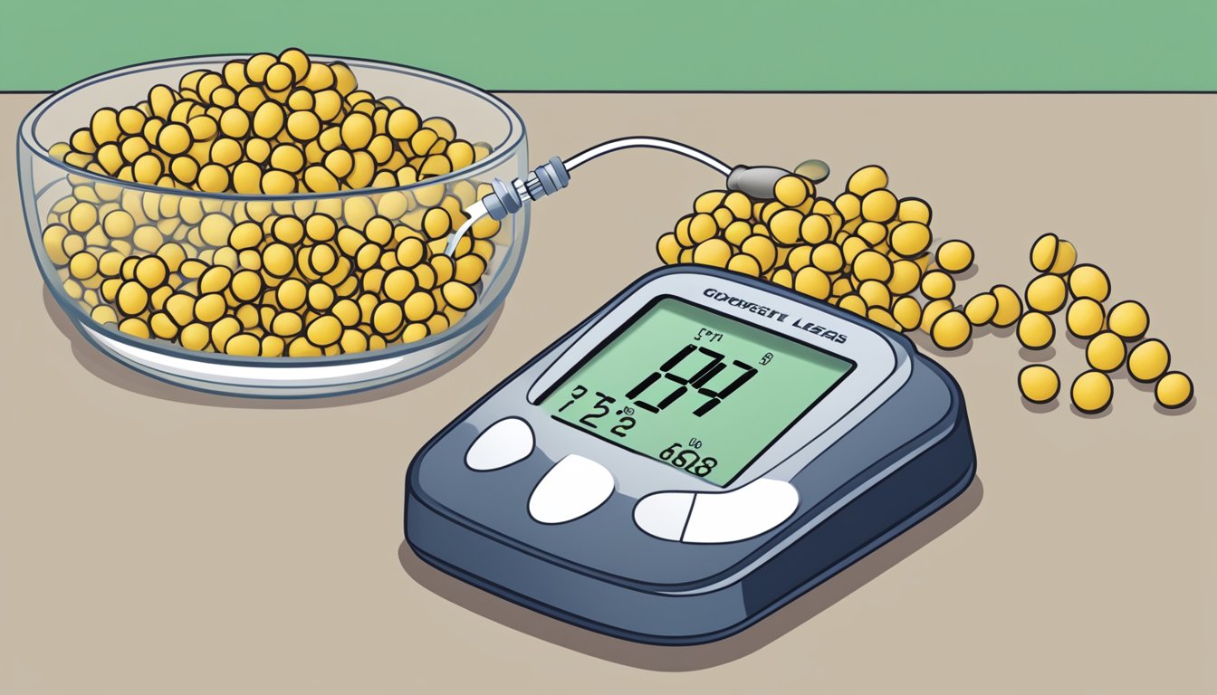 A plate of pigeon peas next to a blood sugar monitor, with a graph showing stable glucose levels