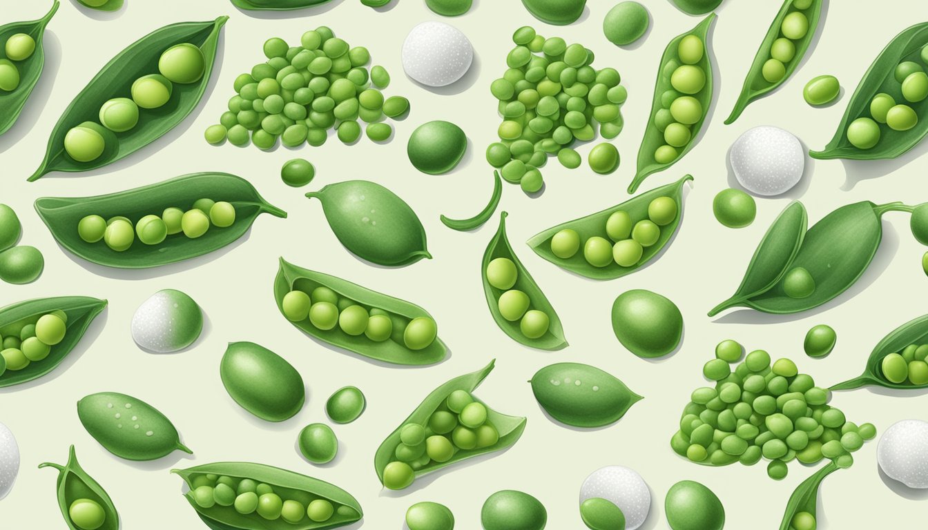 A variety of peas (green, snow, snap) arranged with nutritional labels