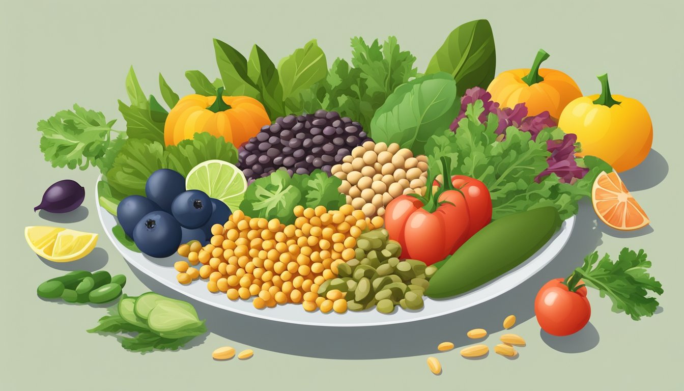 A colorful plate of pigeon peas, leafy greens, and whole grains, surrounded by fresh fruits and vegetables