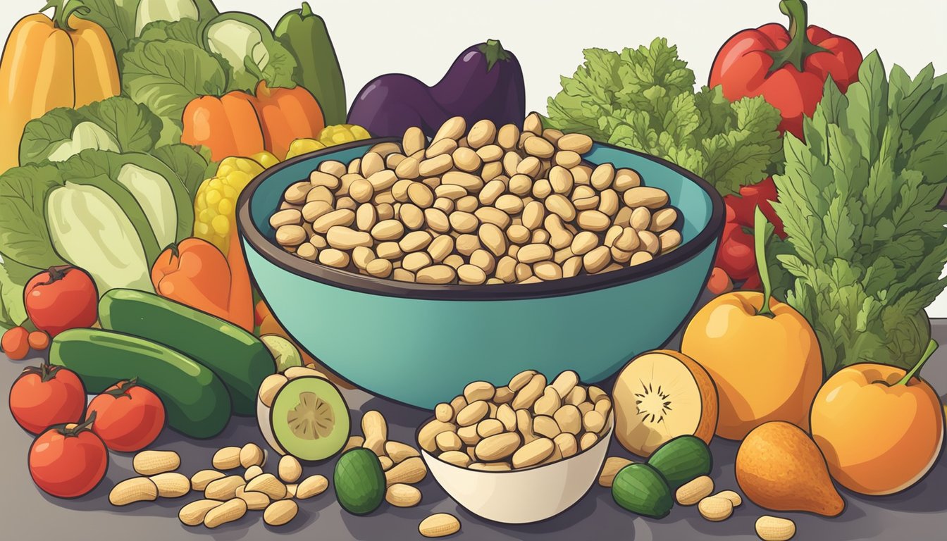 A bowl of peanuts surrounded by various fruits and vegetables, with a diabetes-friendly label on the table