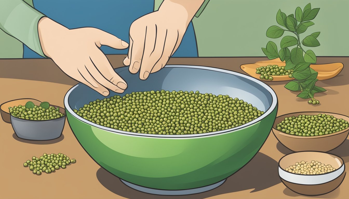 A diabetic person carefully examines a bowl of pigeon peas, while a nutritionist provides guidance and insight