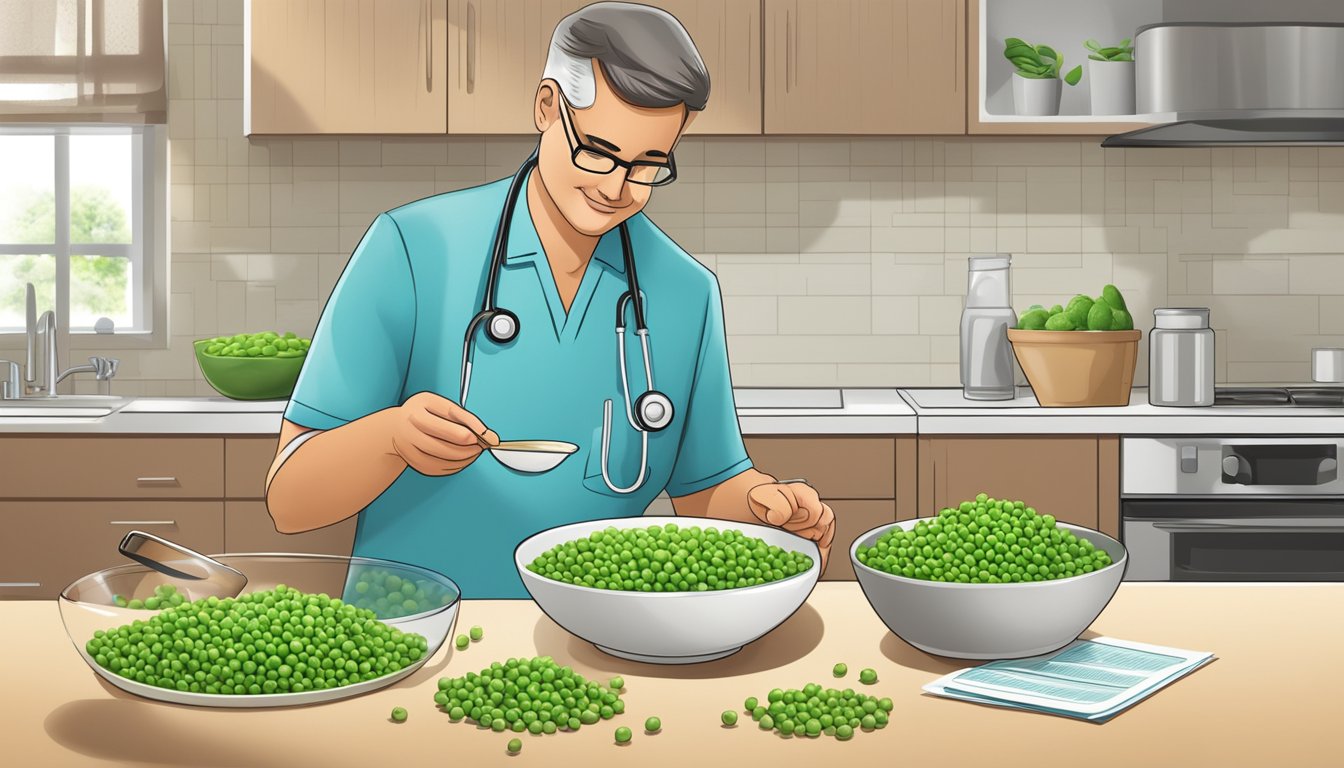 A diabetic cautiously inspecting a bowl of peas, with a nutrition label and a doctor's advice pamphlet nearby