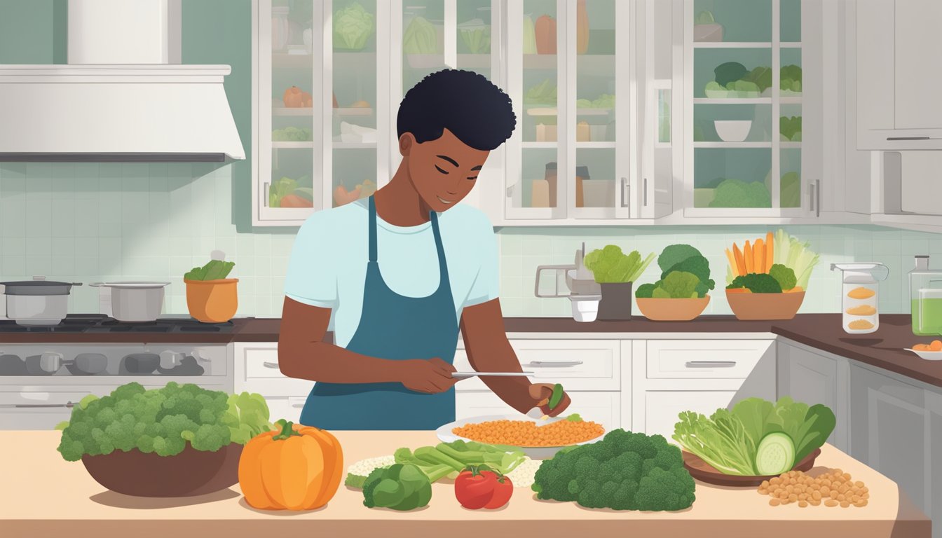 A person with diabetes carefully selecting and preparing a balanced meal, including vegetables, lean protein, and whole grains, while avoiding high-sugar or high-carb foods