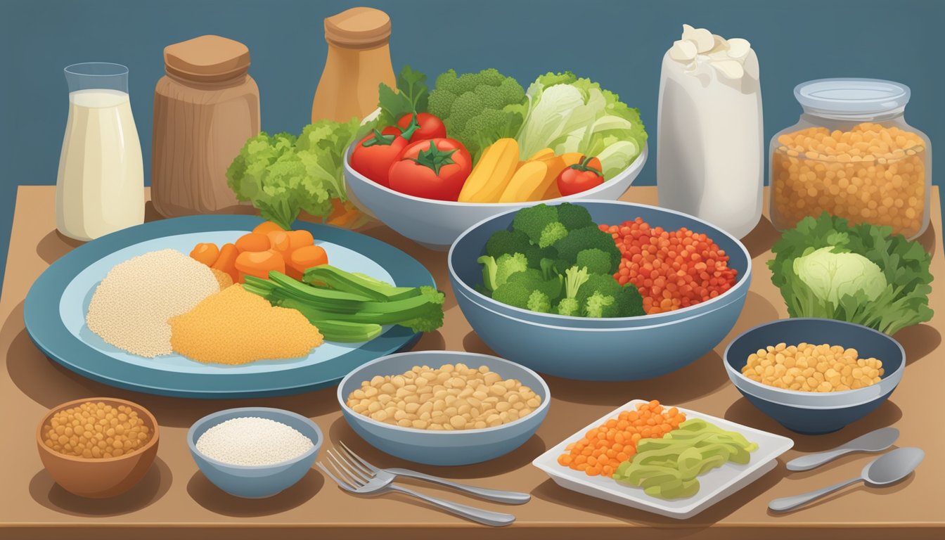 A table set with a variety of diabetic-friendly foods, including vegetables, lean proteins, and whole grains, with a sign indicating "Diabetic Dietary Recommendations" displayed prominently