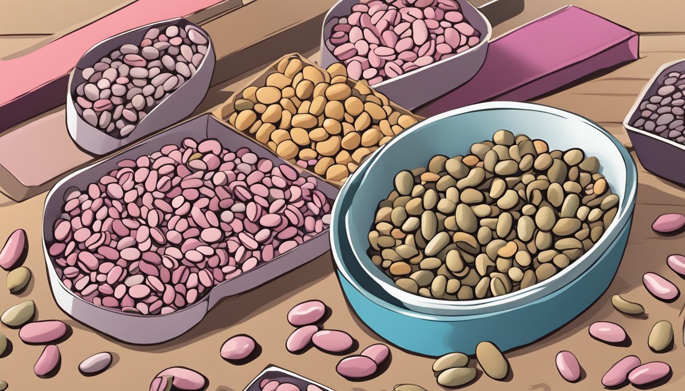 A variety of beans arranged on a table, including pink beans, with a sign indicating "Diabetic-Friendly Beans" for comparison