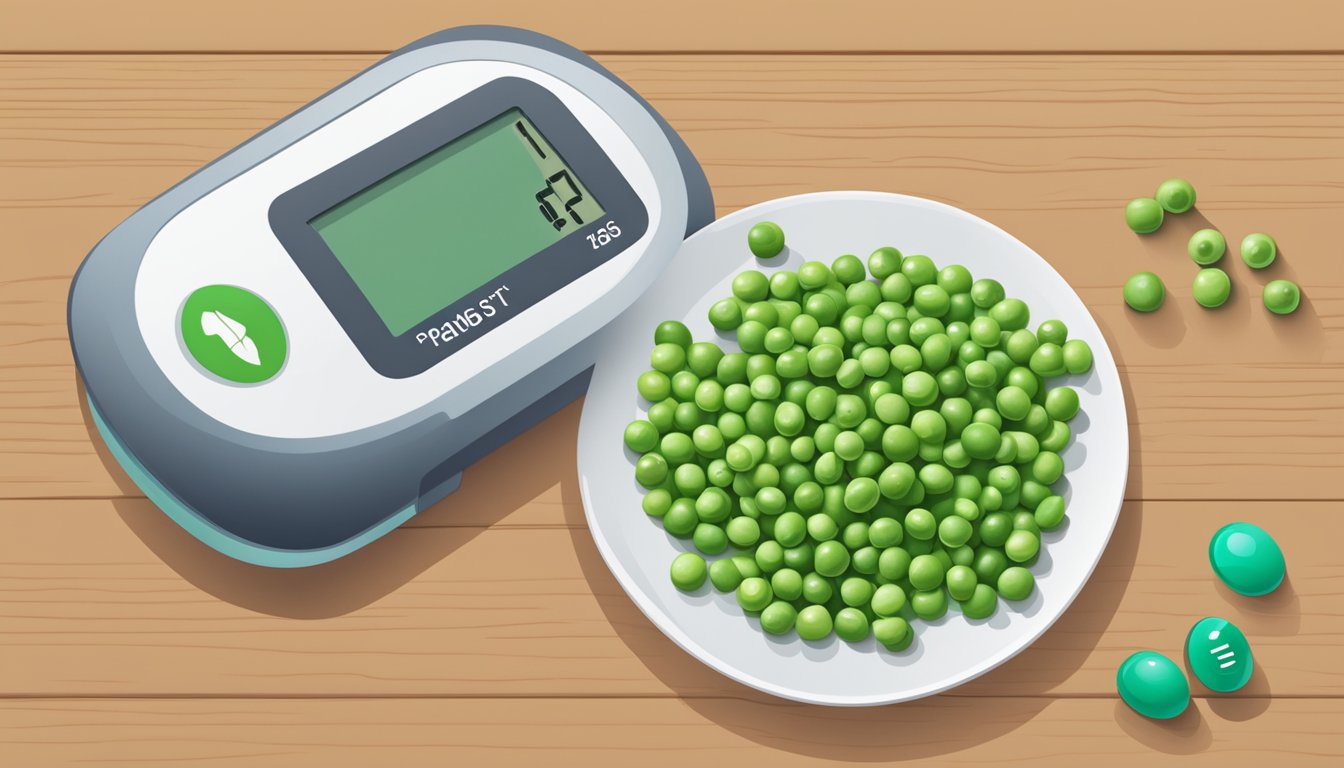 A plate of peas next to a blood sugar monitor, with a chart showing stable levels